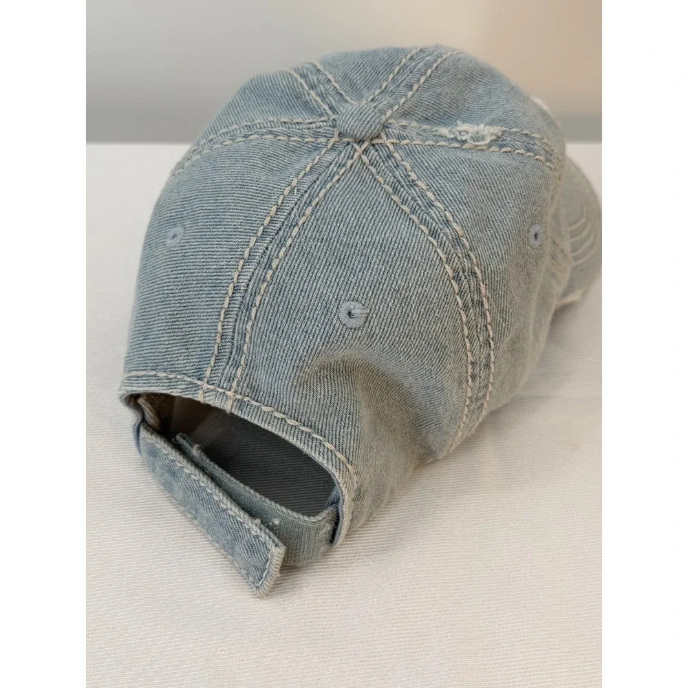 Hello Sunshine Distressed Denim Baseball Cap Women's Blue Adjustable Hat Hearts
